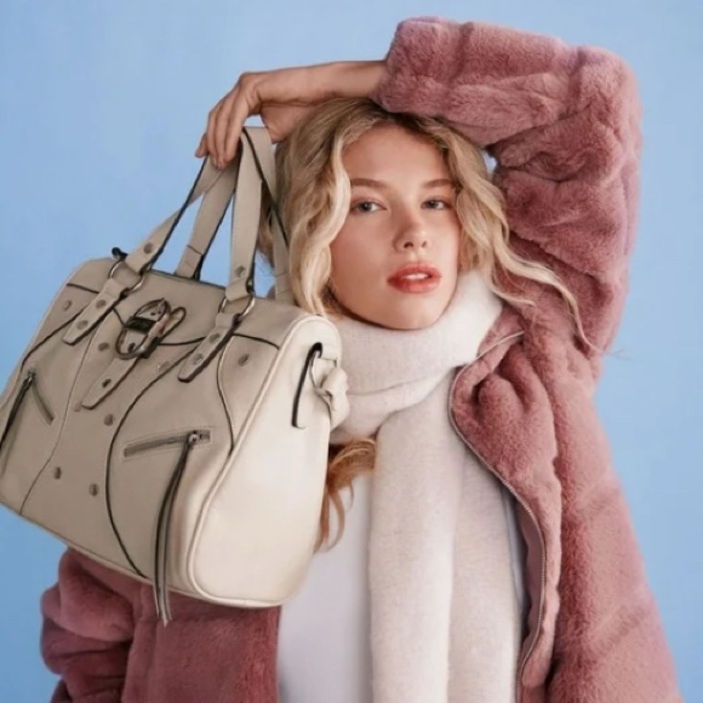 Jessica Simpson Women's Courtney Faux Leather Satchel Handbag, Cream Bruleé